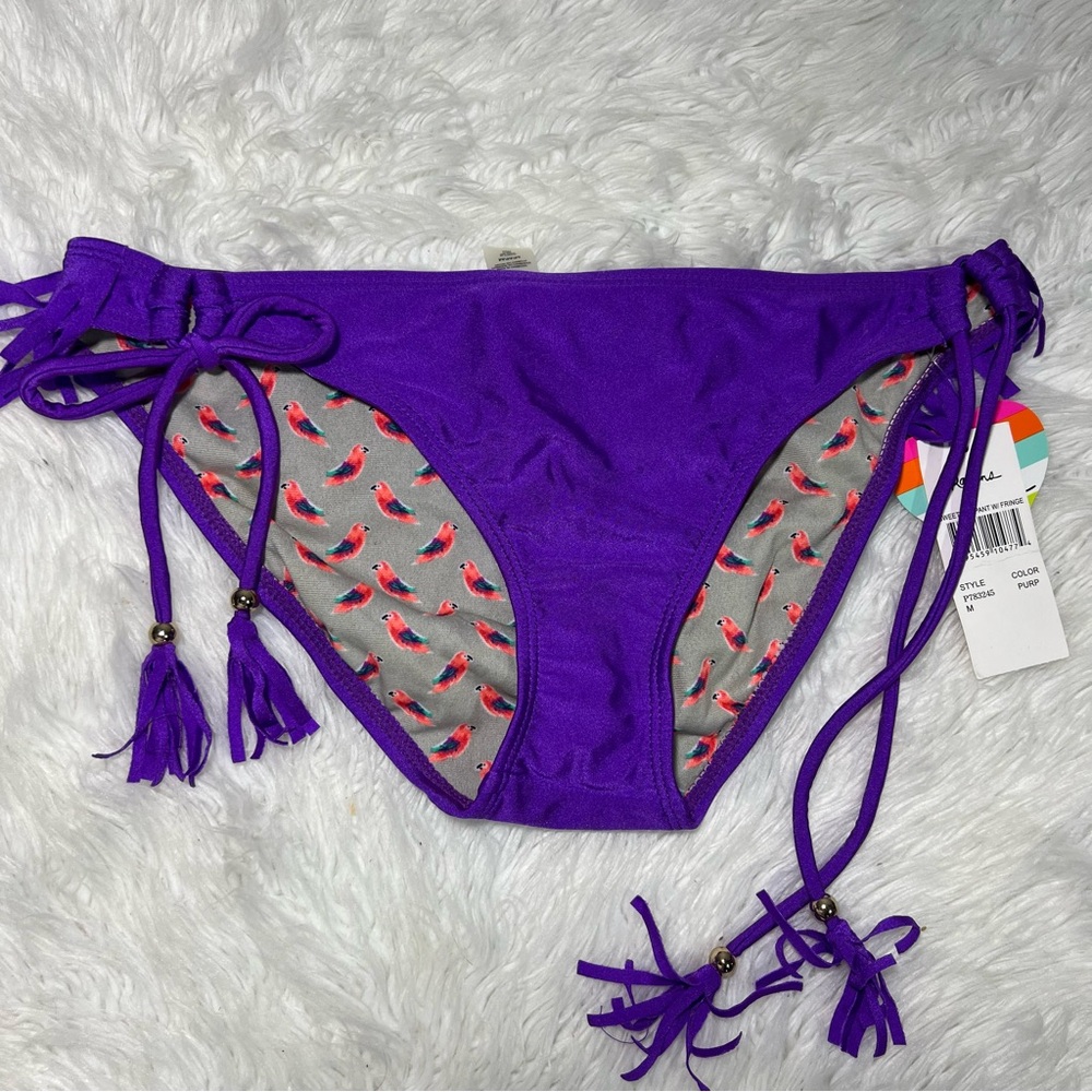 Raisins Purple Parrot Print Fringe Bikini Bottom Size M NWT